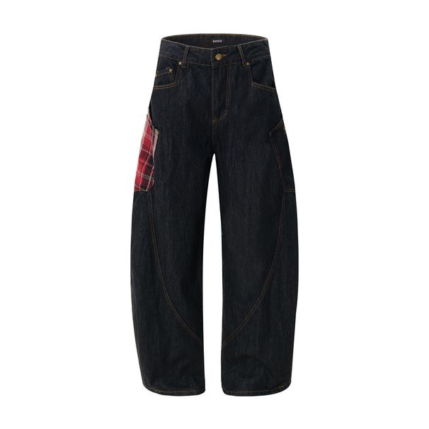 Men's Scimitar Jeans With Unique Design, Stitched Divided Patchwork Plaid Large Pocket Workwear Straight Long Pants_mkmklike.com