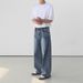 Woven MYQ Retro Washed Jeans Men's Summer Casual Loose Long Korean Style Trendy Wide-Leg Straight Pants_mkmklike.com