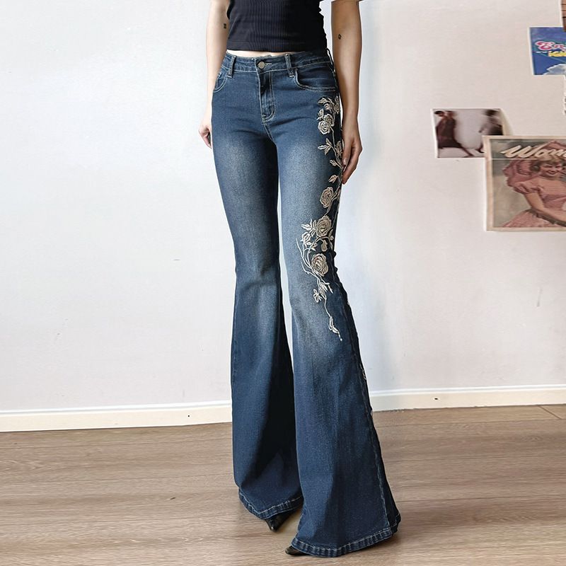 Women's Clothing Rose Retro Gradient Vintage Rose Embroidered Low-Rise Flared Jeans – Distressed Wash, Retro Blue, S-L (American Retro Streetwear)_mkmklike.com