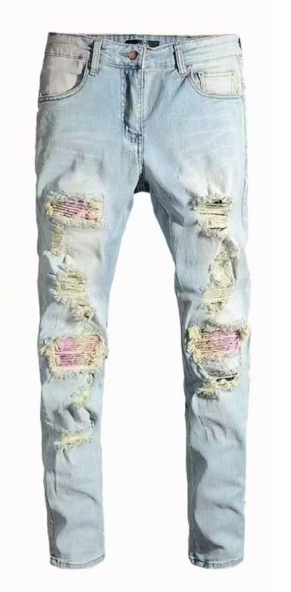 Men's Distressed Patchwork Jeans – Slim Fit Stretch Denim (Streetwear, Casual, Ripped & Embroidered, S-3XL)_mkmklike.com