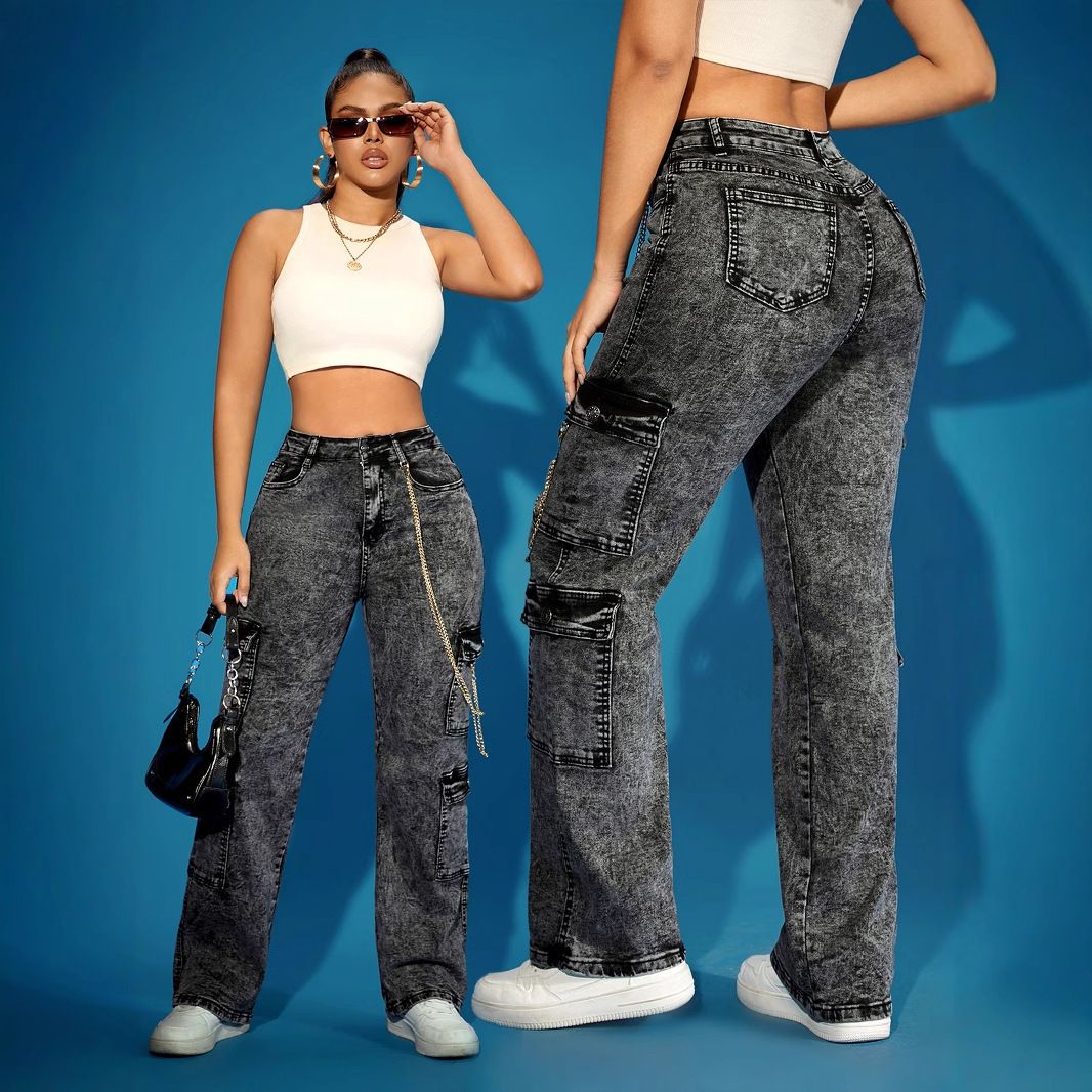 Women's Clothing Women's Stretch Cargo Pants High Waist Straight Leg Denim Jeans With Multiple Pockets For Streetwear Fashion_mkmklike.com