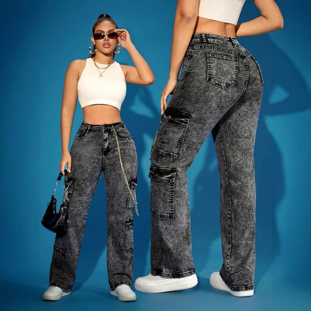 Women's Clothing Women's Stretch Cargo Pants High Waist Straight Leg Denim Jeans With Multiple Pockets For Streetwear Fashion_mkmklike.com