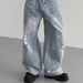 Vintage Washed Wide-Leg Jeans For Women – 90s Retro High-Waisted Flared Pants With Distressed Details ( Oversized Fit, Blue Denim)_mkmklike.com