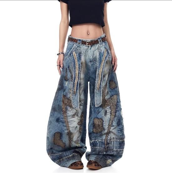 2027 Fashion European-USA Wasteland Style Post-Apocalyptic Stained Jeans Women Cotton Mid Waist Random Needle Embroidery Do Old Wide-Leg Denim Pants_mkmklike.com