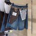 Vintage Lace Plaid Stitching Denim Shorts Women's Summer High Waist Five-point Wide Legs_mkmklike.com