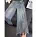 Men's American Retro Lightning Bolt Pattern Jeans Mid Waist Straight Leg Loose Fit Casual Pants With Pockets Gray Blue_mkmklike.com