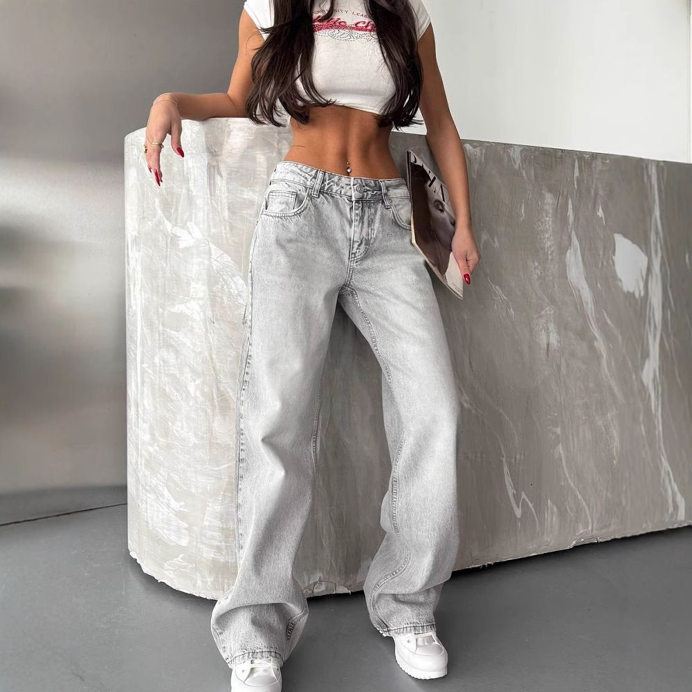 Women's Clothing Retro High Waist Washed Distressed Hot Girl Jeans Women's Back Leg Holes Design Wide Leg Pants_mkmklike.com