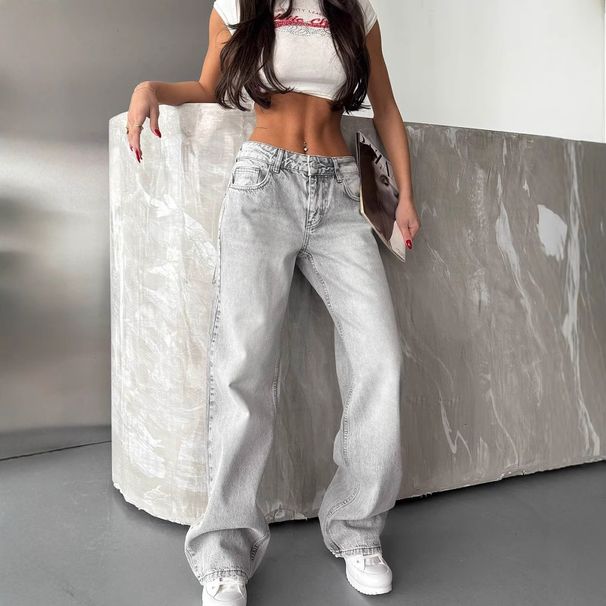 Women's Clothing Retro High Waist Washed Distressed Hot Girl Jeans Women's Back Leg Holes Design Wide Leg Pants_mkmklike.com