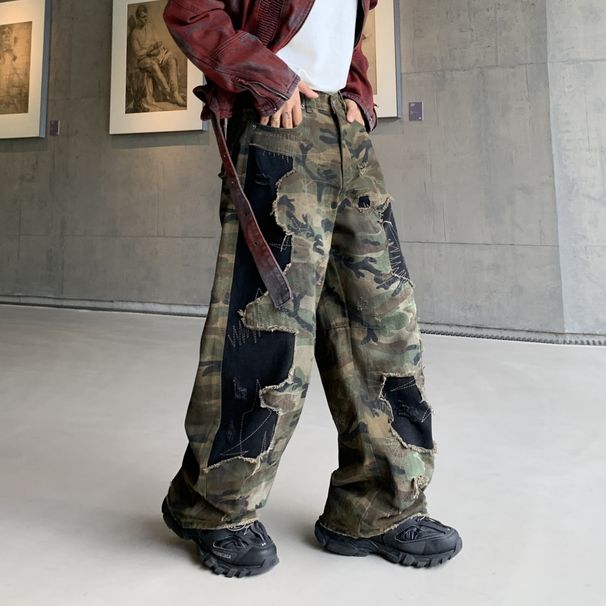 Vintage Washed Destroyed Denim Pants – Retro Distressed Jeans With Color Blocking & Crooked Hem For Men & Women_mkmklike.com