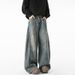 Vintage Washed Denim Jeans For Men – Retro Wide-Leg Flared Pants With Contrast Stitching, 90s Baggy Streetwear Style, Distressed Loose Fit_mkmklike.com