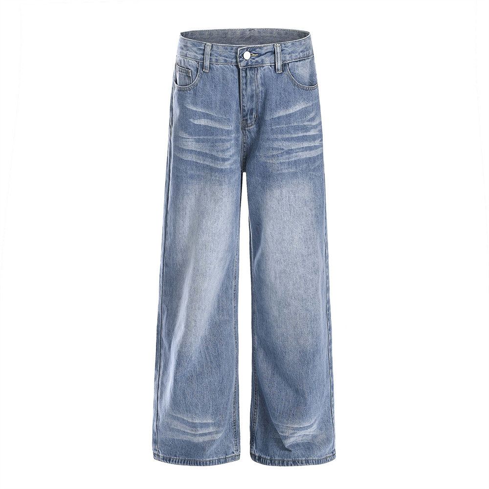 Washed White Wide-Leg Jeans For Men Street Style American Vintage Loose Casual Straight-Leg Pants Versatile Trousers_mkmklike.com