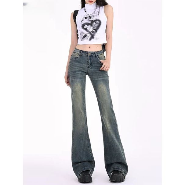 Retro Blue Flared Jeans High Waisted Slimming Stretchy plus Size Women's Denim New Spring Style Not Clingy_mkmklike.com