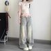 Petite American Retro Floral High-waisted Wide-leg Jeans For Women, Loose And Slimming Straight Pants With A Drapey Fit_mkmklike.com