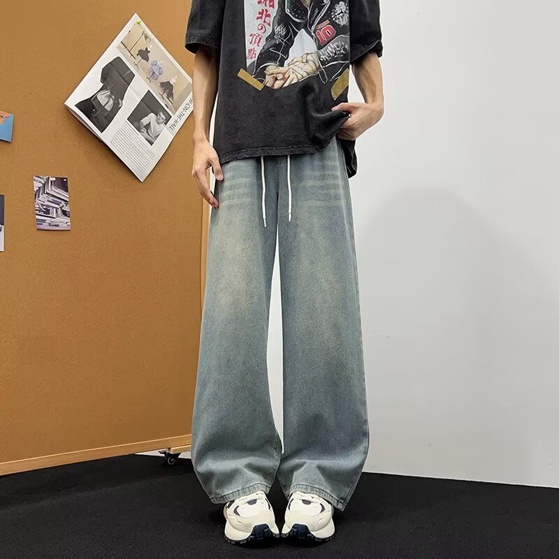 Men's Vintage Washed Relaxed Fit Jeans – High Street Straight Leg Stretch Waist Denim Pants (6 Sizes, Classic Blue)_mkmklike.com