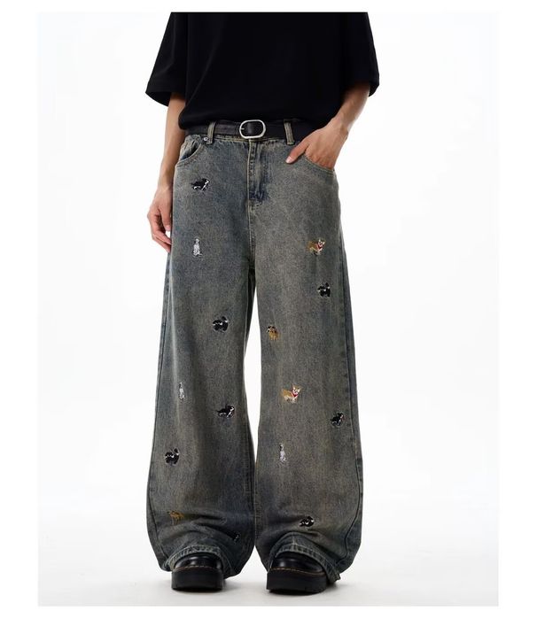 Embroidered Trendy High Street Men's Jeans Loose Straight Wide-Leg Pants 2025 New Trend_mkmklike.com
