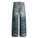 Punk Wasteland Style Heavy Washed Ripped Jeans Men's Street Fashion Spray Painted Vintage Loose Wide-Leg Pants_mkmklike.com
