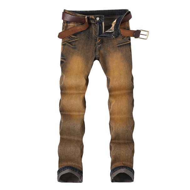 Men's Jeans Can Be Worn In All Seasons, Elastic Small Leg Jeans, Men's Heavy-duty Washed Nostalgic Pants Look Slim, Yellow Brown Slim Fit Pants_mkmklike.com