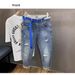 Men's Slim Fit Stretch Jeans Distressed Nine-Tenths Denim Pants Breathable Cotton Mid-Rise Button Fly Light Wash Blue Casual Streetwear_mkmklike.com