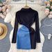 Women's Clothing 2024 Spring Women's Design Sense Contrast Color Stitching Niche Zipper Slim Short Denim Hip Skirt Dress Women_mkmklike.com