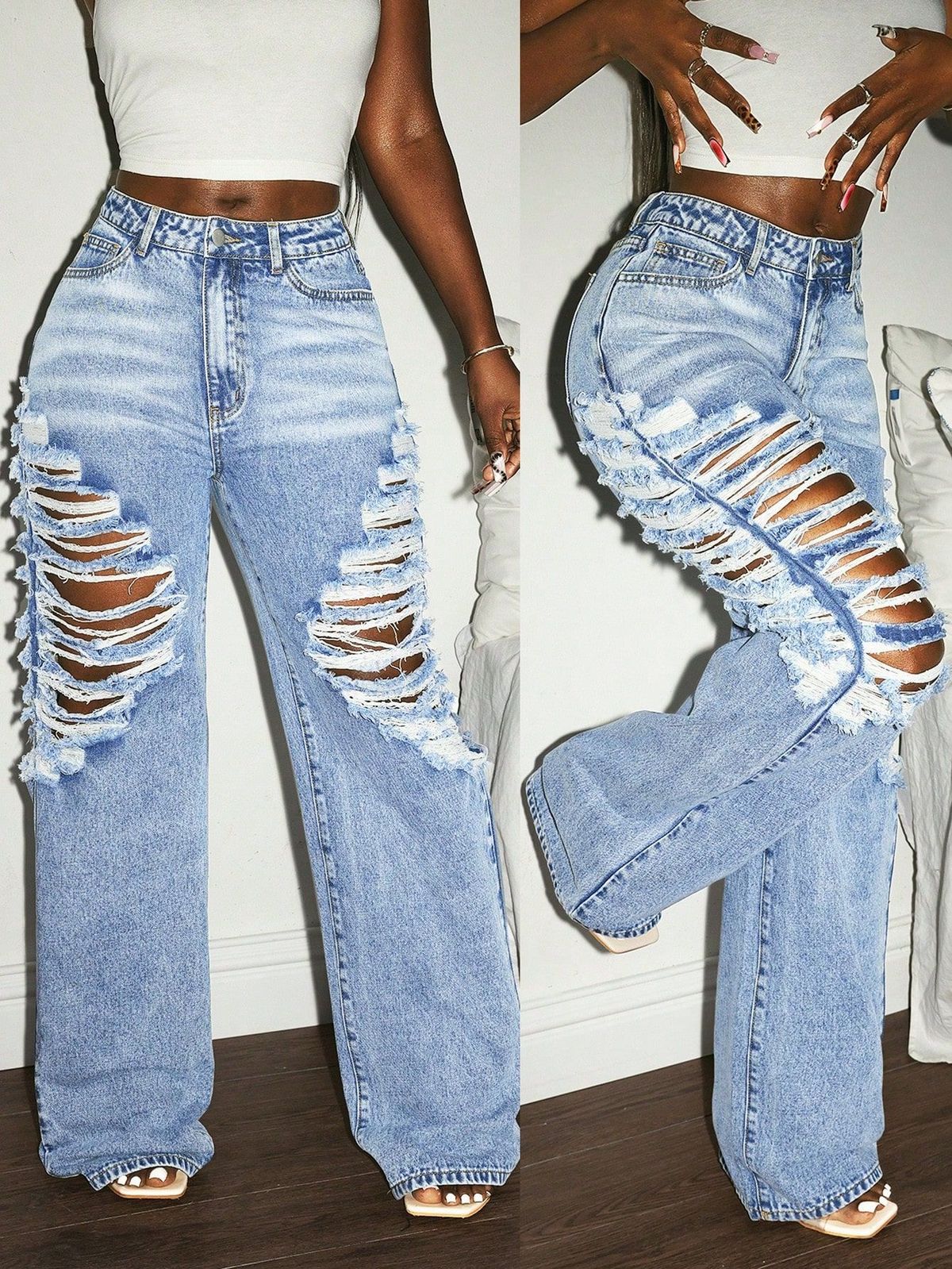 High Waisted Ripped Wide Leg Jeans Style Light Blue Washed Distressed Floor Length Trousers For Women_mkmklike.com