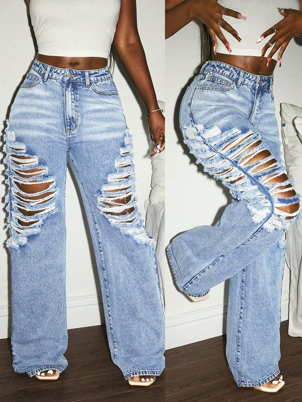 High Waisted Ripped Wide Leg Jeans Style Light Blue Washed Distressed Floor Length Trousers For Women_mkmklike.com
