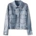 "Women's Distressed Denim Jacket With Sequin Embellishments - Vintage Washed Cropped Oversized Style (Light Blue/Black)"_mkmklike.com