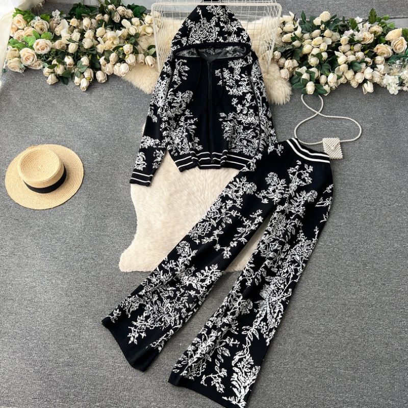 Fashion Suit For Women Spring And Autumn Ink Painting Jacquard Zipper Hooded Knitted Sweatshirt Two-Piece Set_mkmklike.com