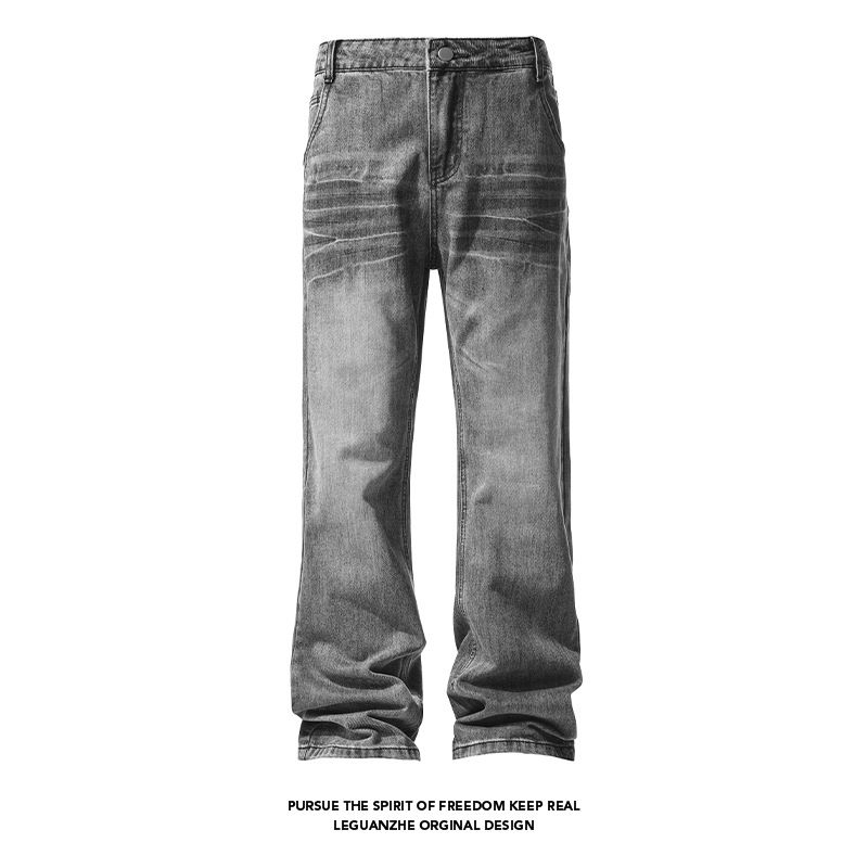 Men's Clothing Cat Whisker Wash Bootcut Jeans – Vintage Black & Blue Denim Pants, High Street Style, Mid-Rise Comfort & Stretch Fit For Urban Fashion_mkmklike.com
