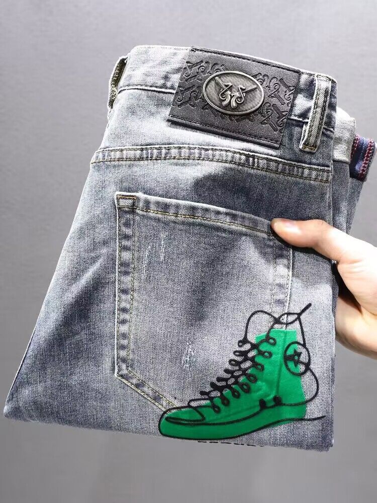 Men's Slim Fit Stretch Jeans With High-End Print & Rhinestone Design - Stylish Blue Denim Pants For Trendy Look_mkmklike.com