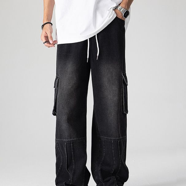 Men's Clothing new high street wide leg casual long trousers washed retro big pocket workwear jeans men autumn_mkmklike.com