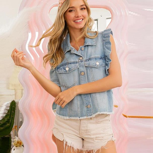 Women's Clothing Washed Denim Single Breasted Top Flying Sleeve Jacket_mkmklike.com