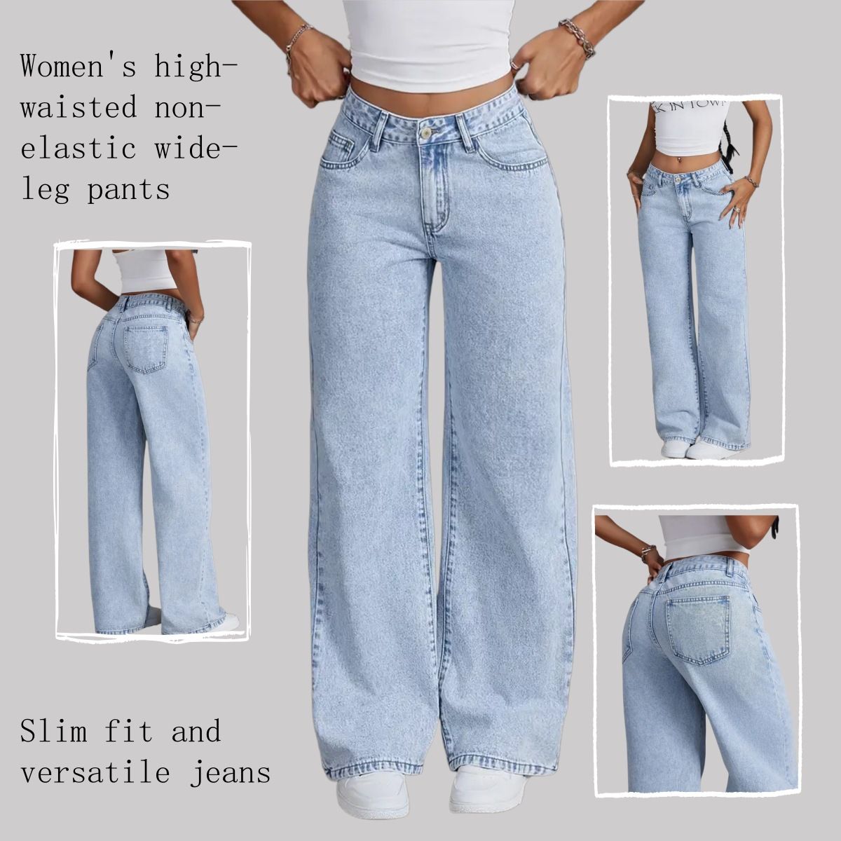 Women's Clothing High-Waisted Wide - Classic Light Blue Denim Pants With Flowy Fit, Comfortable Cotton Blend Fabric For Casual & Streetwear Outfits_mkmklike.com