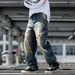 Men's Vintage Distressed Straight Leg Jeans Retro Blue Breathable Casual Wide Leg Cotton Pants mid Waist Long Length_mkmklike.com