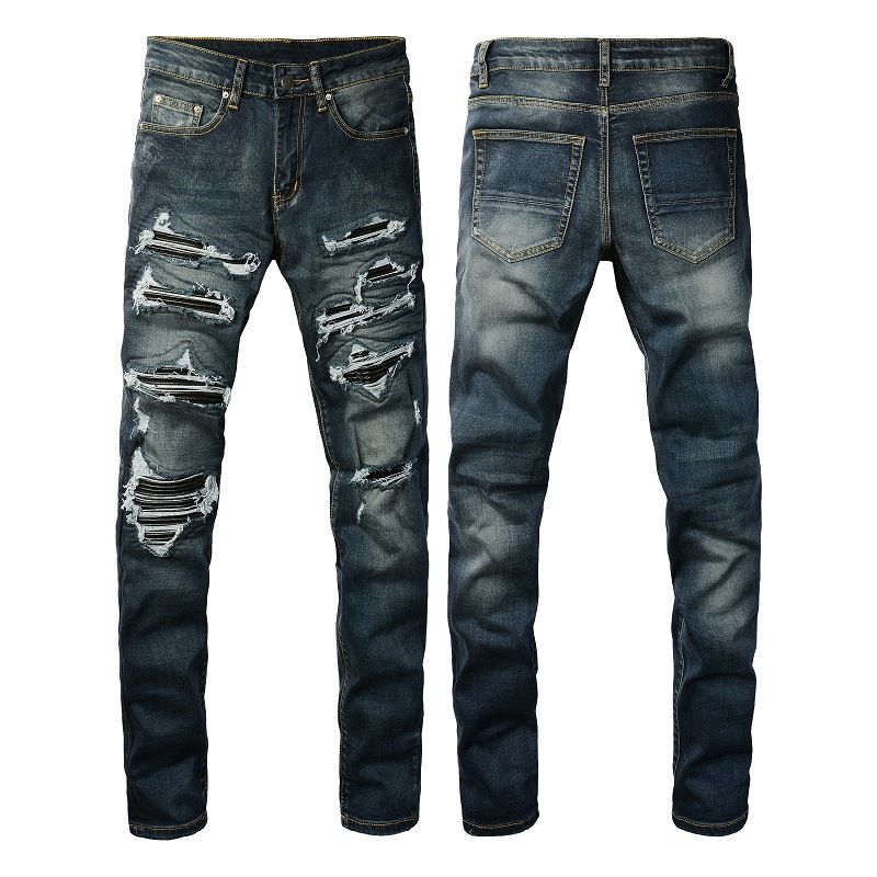 European And American Men's Clothing Jeans Men's Trendy High Street Pants Ripped Patch Leather Slim Men's Pants 1320_mkmklike.com
