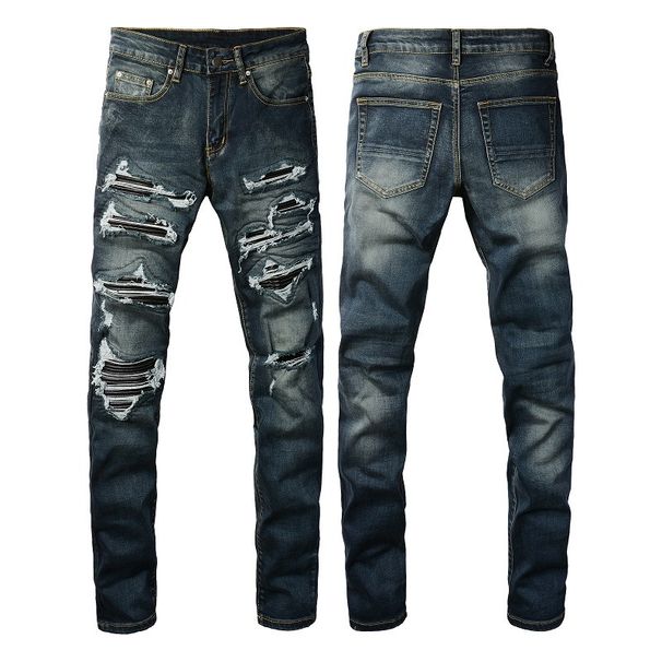 European And American Men's Clothing Jeans Men's Trendy High Street Pants Ripped Patch Leather Slim Men's Pants 1320_mkmklike.com