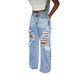High Waisted Ripped Wide Leg Jeans Style Light Blue Washed Distressed Floor Length Trousers For Women_mkmklike.com