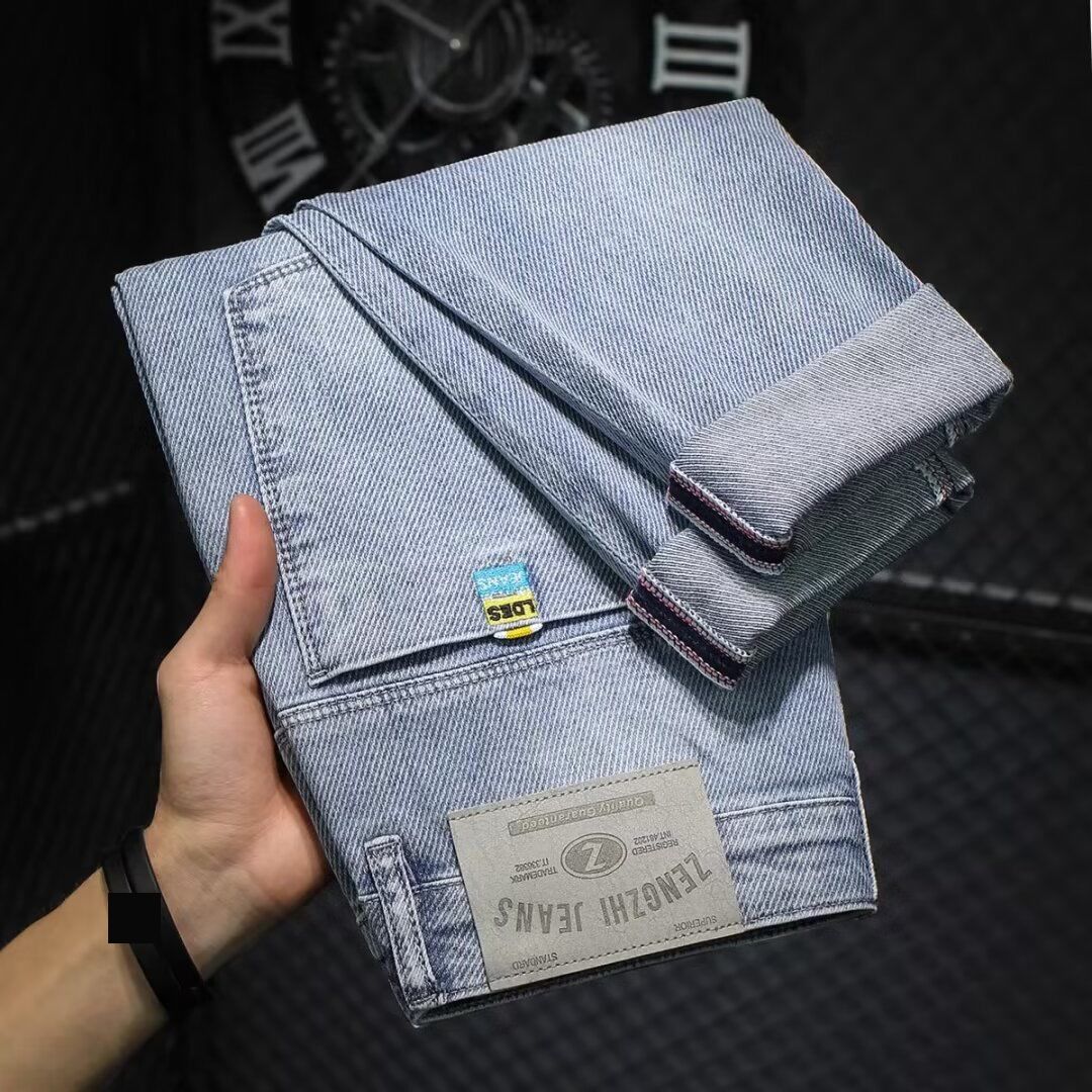 Men's Clothing Slim Straight Stretch Jeans - Washed Light Blue Denim Pants, Comfortable Tapered Fit, Casual Korean Style With Multiple Pockets_mkmklike.com