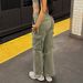 "Military Green Cargo Pants For Women - High Waisted Slim Fit Jeans, Comfortable Stretch Denim, Casual Streetwear, Plus Size Available"_mkmklike.com