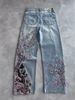 Men's Y2K Heavy Duty Floral Embroidered Jeans Street Style Midweight Straight Leg Mid Waist Black Blue_mkmklike.com