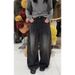 Starry Night Distressed Loose Wide-Leg High Waist Women's Jeans Rhinestone Embellishments Korean Style Pants_mkmklike.com