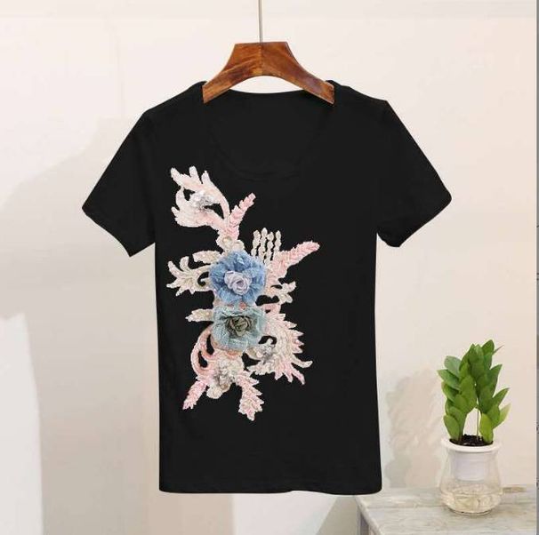 Women's Version Heavy Beaded Embroidery Short Sleeve + Skinny Ripped Jeans Suit For Women_mkmklike.com