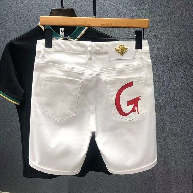 Men's Clothing High Luxury White Denim Shorts Men's Slim Fit Trendy Brand Versatile Elastic Graffiti Print Fashion Shorts_mkmklike.com