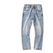 Men's Vintage Washed Denim Jeans - Straight Leg Light Blue Cotton Jeans With Embroidery & Selvedge Detail_mkmklike.com
