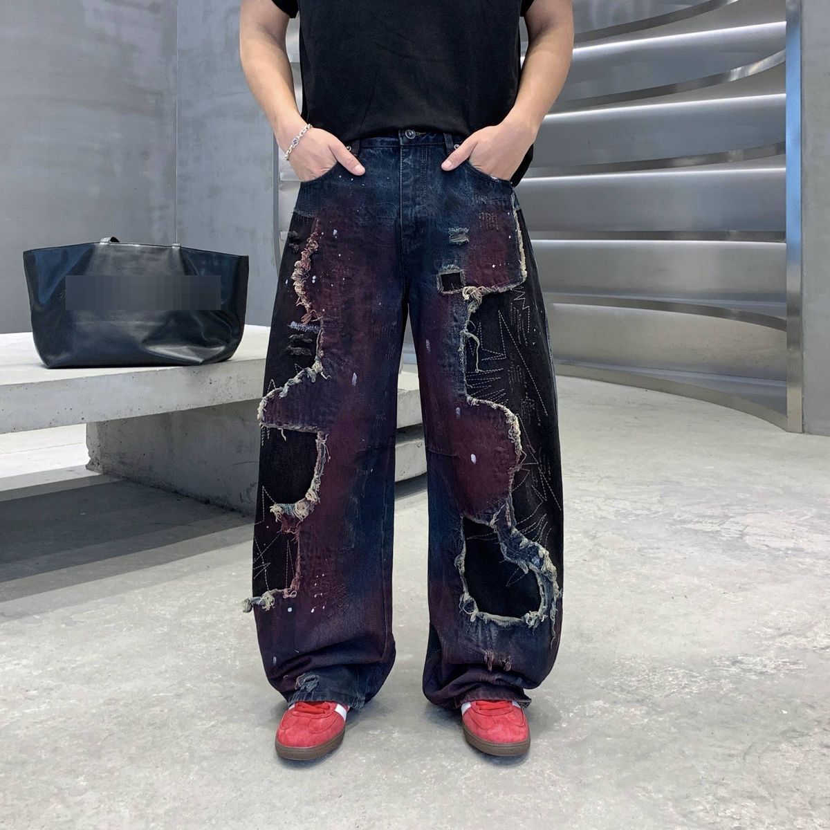 Men's Clothing Style High Street Loose Straight Leg Jeans Color Blocked Faux Ripped Mid Waist Cotton Long Skinny Pants_mkmklike.com