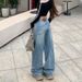 Women's Light Blue Rhinestone Jeans Spring New Arrival Heavy Duty Loose Fit Straight Leg Wide Leg Casual Fashion Office Lady Pants_mkmklike.com