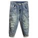 Men's Trendy Ripped Jeans Heavyweight Workwear Blue Retro High Street Straight Leg Loose Trousers mid Waist Button Fly Casual Pants_mkmklike.com