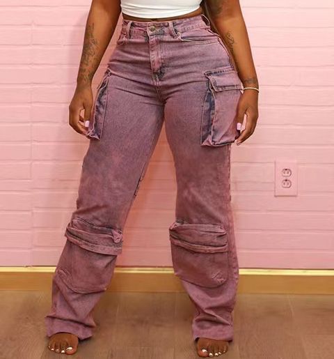 Women's Clothing Tie-Dye High-Waisted Cargo Pants – Women’s Streetwear Denim Work Pants With Patch Pockets & Straight Leg (S-L, Pink/Brown)_mkmklike.com