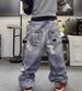 Men's American Style Hip Hop Double Waist Patchwork Jeans Midweight Cotton Wide Leg Pants Black Blue Digital Print For Spring/Summer_mkmklike.com