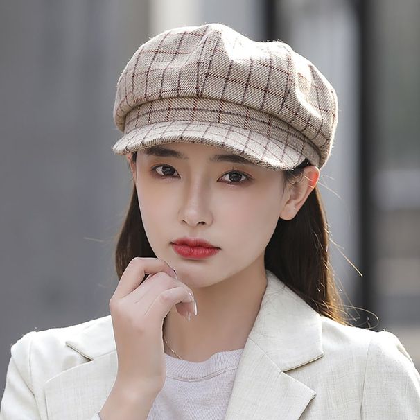 Hot Sale Casual Retro Female Wool Street Style Girls Octagonal Women Caps Plaid Beret Painter Hat_mkmklike.com