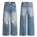 Men's Clothing Blue Straight Ripped Jeans Vintage Washed Blue Straight Leg Distressed Jeans For Men & Women - Relaxed Fit, Stacked Hem, Wide Leg_mkmklike.com